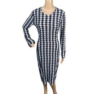 Norma Kamali Rare Houndstooth Long Sleeve Crew Neck Midi Dress SZ S